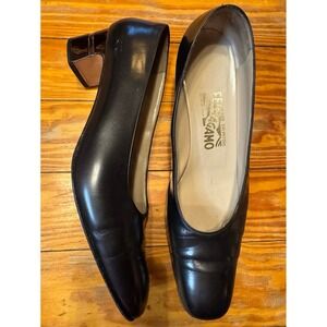 Salvatore Ferragamo Black Metallic Block‎ Heel Pumps Size 10